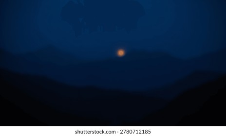 A single distant orange light glows on a dark mountain silhouette against a deep blue twilight sky.