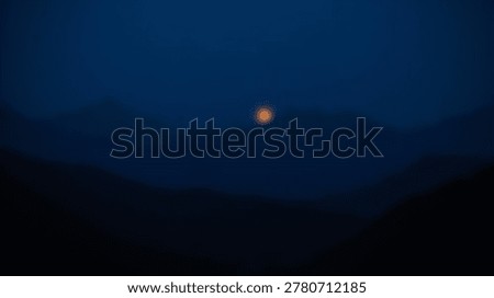 A single distant orange light glows on a dark mountain silhouette against a deep blue twilight sky.