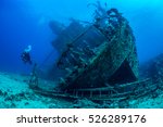 Single diver explores the wreck of Giannis D, which sank in 1983 in Abu Nahas, Red Sea, Egypt. Young coral establishing a new reef.