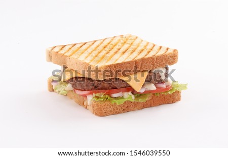 single and double beef burger with cheddar cheese and toast bread on white background