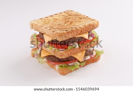 single and double beef burger with cheddar cheese and toast bread on white background