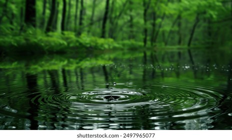 A single drop of water creates ripples in a still pond surrounded by lush greenery - Powered by Shutterstock