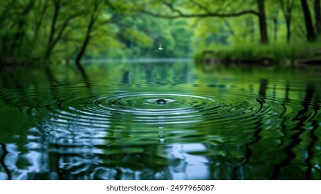 A single drop of water creates ripples on the surface of a serene forest pond - Powered by Shutterstock