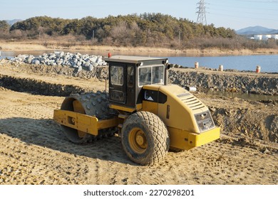 Single Drum roller in road construction area
