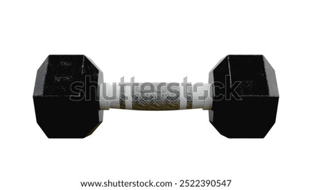 A single dumbbell with hexagonal weights and a textured grip, isolated on a white background. A gym equipment for strength training. Horizontal frontal view. Fitness concept. 3d illustration.