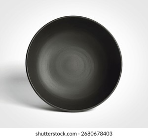 A single, empty, dark grey ceramic bowl is presented from a top-down perspective against a clean white background, casting a subtle shadow.