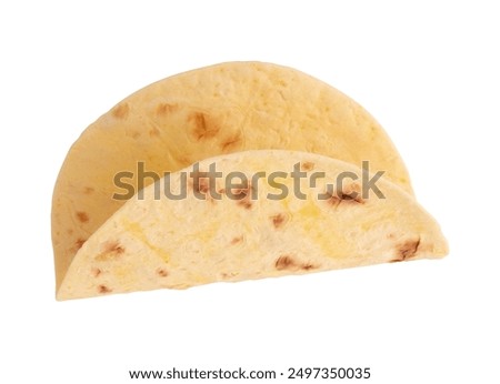 single empty tortilla, thin wheat flat bread isolated on white background, corn tortilla for prepared mexican food taco