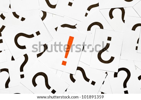 Single exclamation mark between a lot of question marks - solution or idea concept