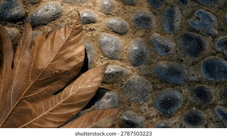 A single fallen brown leaf rests on a textured cobblestone surface, highlighting the natural beauty of autumn.