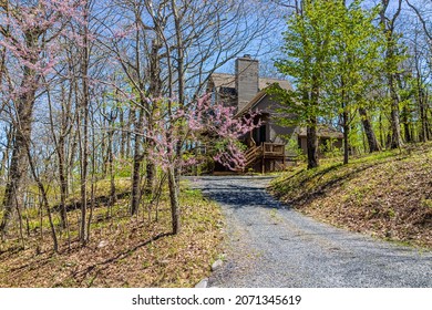 Single Family Mountain Vacation Rental House With Gravel Road Driveway In Spring At Wintergreen Ski Resort Town Of Nelson County, Virginia With Redbud Blossom Trees