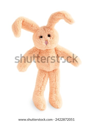 Single fluffy soft teddy bunny with black eyes and long ears of brown or beige colour standing on pads isolated on white background used as gift on holidays celebration for children 