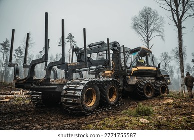 A single forestry forwarder machine is positioned in a cleared woodland area after logging activity. The vehicle is empty and not carrying any logs, offering a clear view of its structure and loading frame. The surrounding landscape shows freshly cut trees, branches, and uneven ground, typical of active forestry operations. The overcast sky and light fog add a subdued atmosphere to the scene. This image represents modern logging practices, forestry technology, and the balance between industrial activity and natural environments. With no workers present, the focus remains on the machine and its role in timber transport. Suitable for illustrating forestry industry, environmental topics, heavy equipment, and rural land use.