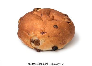 Single Fresh Baked Raisin Bun Isolated On White Background