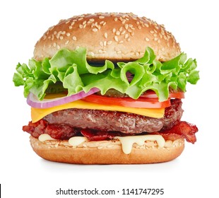single fresh burger with beef, cheese, bacon and vegetables isolated on white background