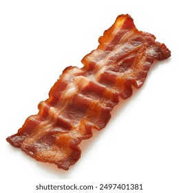 Single fried crispy bacon slice isolated on white background.