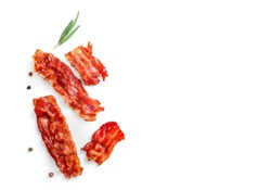 Single Fried Crispy Bacon Slices And Rosemary Sprig Isolated On White Background. Top View. Copy Space.