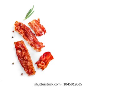 Single Fried Crispy Bacon Slices And Rosemary Sprig Isolated On White Background. Top View. Copy Space.