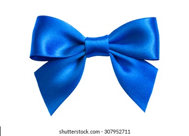 Single Gift Bow, Blue Satin, Isolated On White