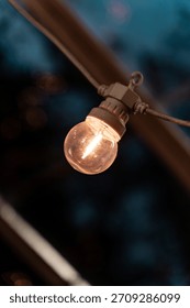 A single glowing globe string light bulb hangs against a dark, blurry background, casting a warm, inviting light in the evening.