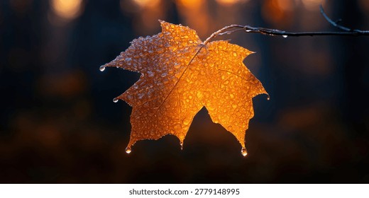 A single, glowing orange maple leaf, covered in tiny water droplets, hangs from a dark branch against a blurred background of warm lights.