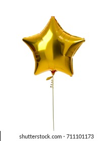 Single Gold Big Star Metallic Balloon Object For Birthday Isolated On A White Background