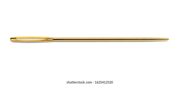 Single Gold Sewing Needle Isolated On White Background.