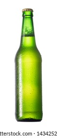 Single Green Bottle Of Beer With Condensation Drops Isolated On White Background