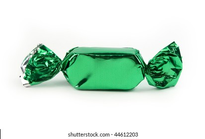 Single Green Candy Wrapped Isolated On White