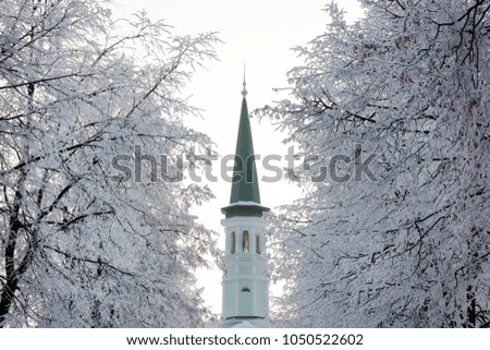 Single green and white color minaret of a small mosque in winter. Trees with rime and snow around