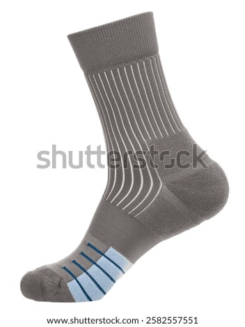 A single grey athletic sock designed for comfort and durability with reinforced heel and toe, featuring blue accent lines on the cushioned sole. The sock is on mannequin foot against white background
