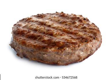 Single grilled hamburger patty isolated on white.