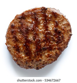 Single Grilled Hamburger Patty Isolated On White From Above.