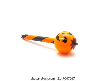 Single Halloween Stake Light With Solar Powered Jack O Lantern Head Isolated On White Background. Spooky Garden Lights Outdoor For Path Walkway Light Landscaping.