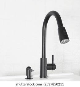 Single Handle Pull Down Kitchen Faucet with Spring Neck Dual Sprayer and Soap Dispenser in Stainless Black - Powered by Shutterstock