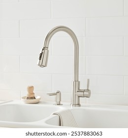 Single Handle Pull Down Kitchen Faucet with Spring Neck Dual Sprayer and Soap Dispenser in Stainless 