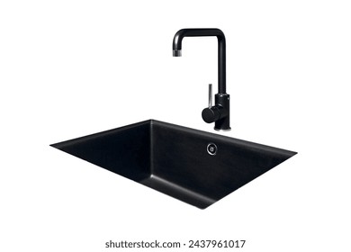 Single handle water filter kitchen faucet for water filtration system built in undermount installation granite composite sink for insert into contemporary kitchen countertop isolated on white mockup.