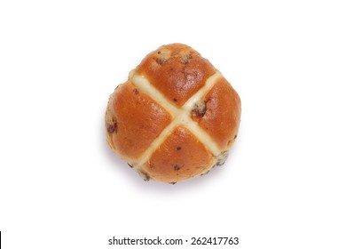 Single hot cross bun shot from above isolated on white background with clipping path