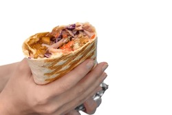 Single Hot Lavash Kebab Wrapped In Tortilla Held In Hand On White Background