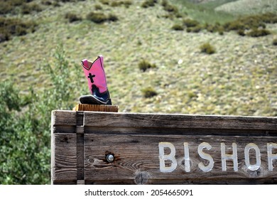 Single, hot pink, cowboy boot sitting on top of a wooden sign that says "Bishop", in the Eastern Sierra
