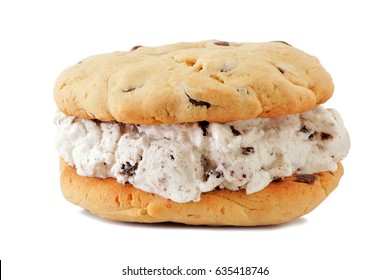 Single Ice Cream Sandwich With Homemade Cookies Isolated On A White Background