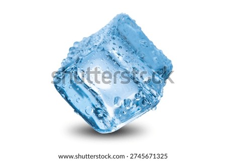 Single Ice Cube Isolated on White Background with Water Droplets, Macro Studio Shot