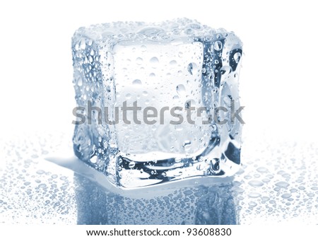 Single ice cube with water drops isolated on white background