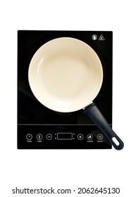 Single Induction Burner With Frying Pan Isolated On White Background From Overhead Position.  Modern Cooking Appliance.