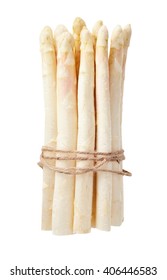 Single isolated bundle of raw white asparagus tied with brown loose rope over isolated background