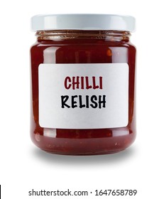 SIngle Jar Of Chilli Relish, With White Label Saying Chilli Relish, Isolated On A White Background With A Drop Shadow