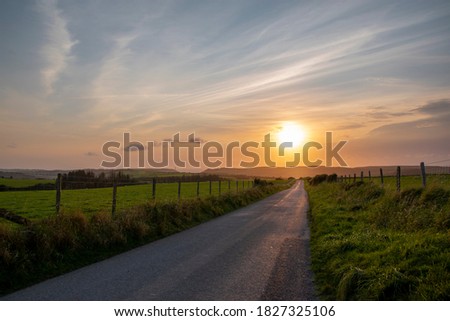 a single lane road in the British country side leading into a sunset