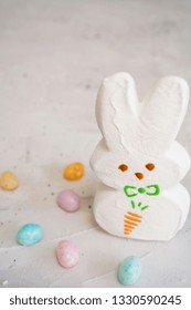 Single Large White Marshmallow Bunny / Easter Background, Selective Focus