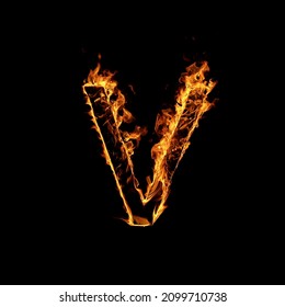 Single Letter Of Fire Flames Alphabet On Black Background.