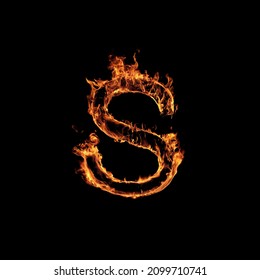 Single Letter Of Fire Flames Alphabet On Black Background.