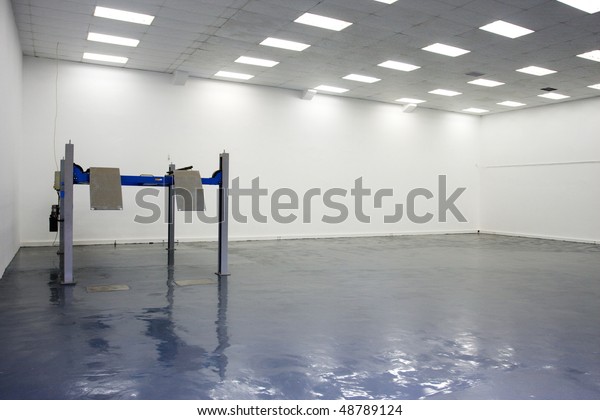 a single lift in car service garage\
with a blue floor (equipment for diagnostics of\
car)